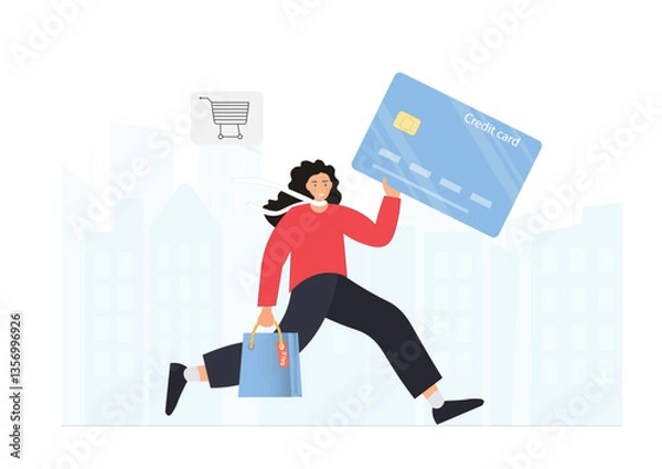 Fototapeta Happy woman with card running to shop, online shopping concept, using mobile phone, internet transaction concept, flat vector illustration
