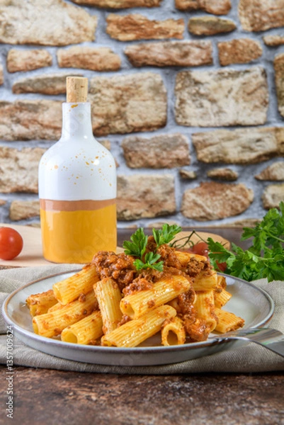 Fototapeta Traditional italian rigatoni pasta with Bolognese sauce decorated with parsley on rustic style brown background, mediterranean cuisine