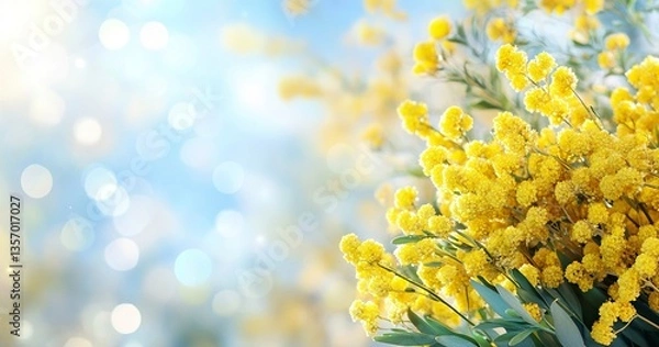 Fototapeta A beautiful bouquet of yellow tulips and mimosa against the background of a blurred blue sky with bokeh, a banner for an Easter or spring celebration. There is space for text, a blurred background, 