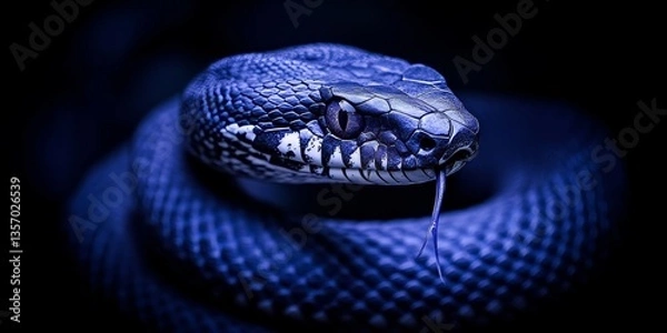 Fototapeta Close Up, Viper In Dark Coiled Snake On Animal, Reptile Scales, Nature. With Tongue Sticking Out