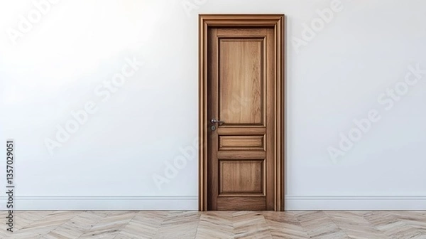Fototapeta Elegant Wooden Door with Classic Frame on Neutral Wall Background