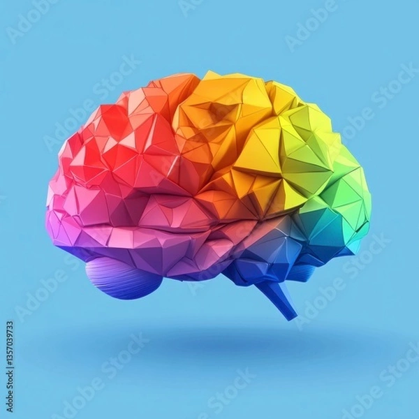 Obraz Abstract low poly rainbow brain model on a light blue background. The brain is rendered in a vibrant spectrum of colors, with a detailed polygonal structure. The image is clean and modern.