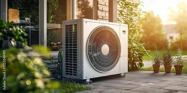 Fototapeta Air source heat pump installed in residential building. Generative AI technology.