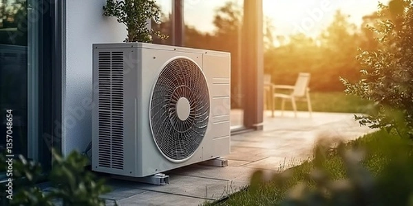 Fototapeta Air source heat pump installed in residential building. AI generative image