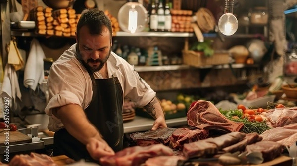 Fototapeta Bearded butcher in a white coat and apron carefully selects a cut of meat from a large selection on display in his shop.