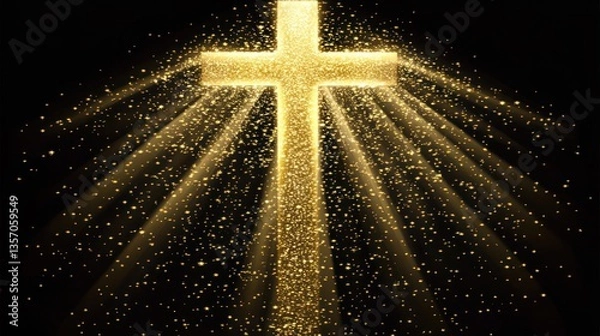 Fototapeta Glowing golden cross with light rays on black background.