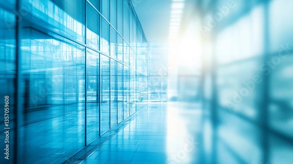 Fototapeta Blurred glass wall of modern business office building at the business center use for background in business concept. Blur corporate business office. Abstract windows with a blue tint