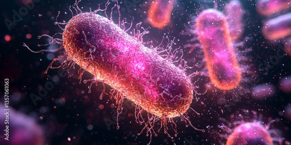 Fototapeta Microscopic view of bacteria and particles in a glowing liquid environment