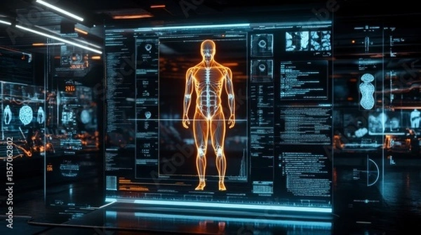 Fototapeta Futuristic medical interface displays a glowing human anatomical model within a dark, high tech environment. Orange and blue light illuminate the detailed scan.