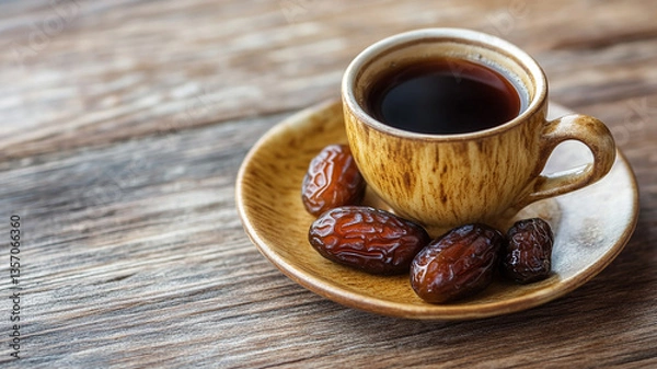Fototapeta Cup of coffee and dry dates on saucer ready to eat for iftar time. Islamic religion and ramadan concept.