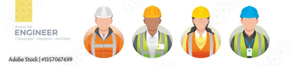 Obraz Engineer Avatar Set: Editable Vector Graphics of Diverse Engineers, Designers, and Builders in Safety Gear for Professional Projects in Architecture, Construction, Technology, and Industrial Design