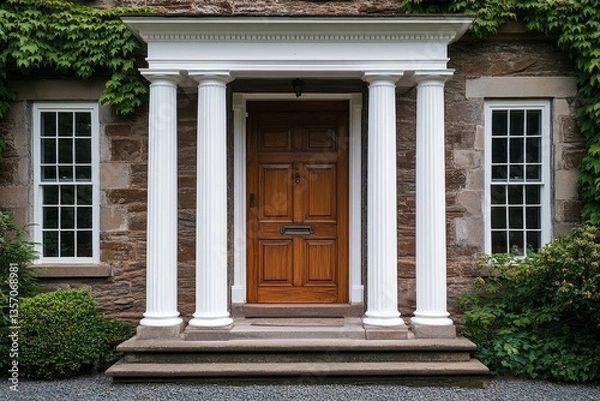 Fototapeta an inviting entrance to a traditional stone house, featuring a wooden door, columns, and windows, creating a welcoming atmosphere.