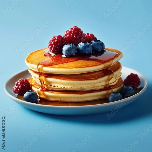 Fototapeta A stack of fluffy pancakes with fruit and flowing syrup on a plate