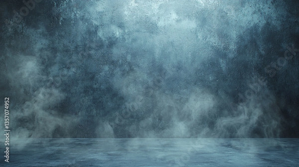 Fototapeta A blue textured backdrop with smoke or fog effect and a reflective surface in the foreground