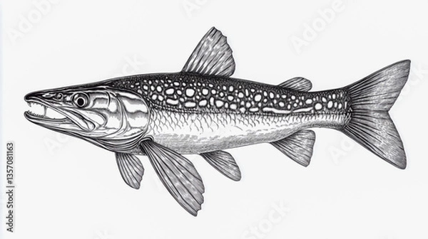 Fototapeta Black and white engraving-style illustration of a pike fish, featuring detailed linework and fine outlines, designed for commercial use