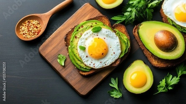 Obraz Avocado toast with fried egg, healthy breakfast on wooden board