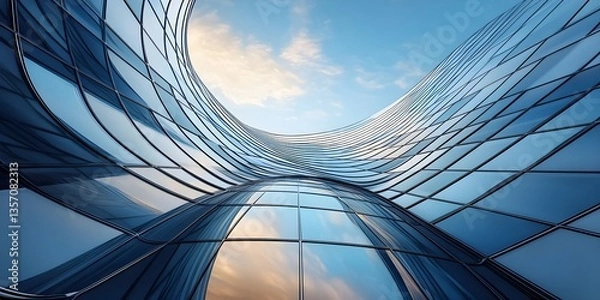 Fototapeta Low angle view of futuristic architecture, Skyscraper of office building with curve glass window, AI generative