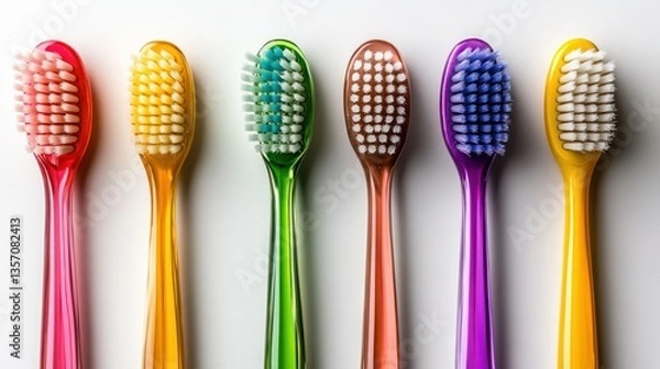 Fototapeta Colorful toothbrushes arranged in a row on a white background