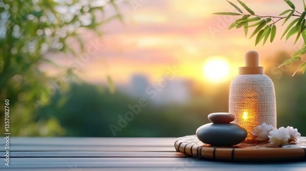 Obraz Peaceful spa setting at sunset, with essential oil bottle and stones on wooden table, bamboo tray