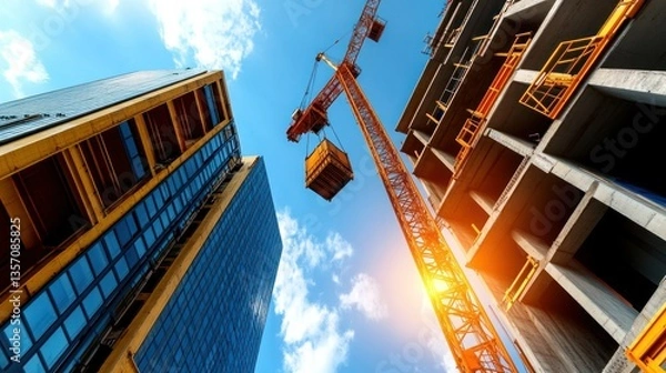 Obraz Construction crane lifting materials between modern buildings under a sunny sky