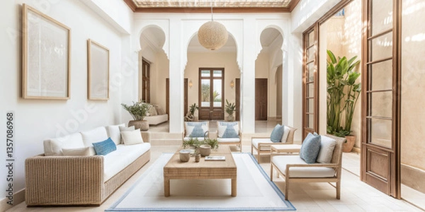Fototapeta A chic and airy riad with soft beige and white mosaic walls, a glass-ceiling atrium allowing beams of sunlight to flood in, and handwoven cushions in soft blues and greens.