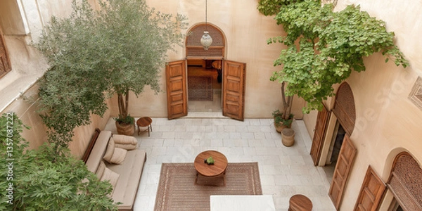 Fototapeta Bohemian-Chic Riad: Handcrafted Wooden Doors, Cushioned Seating, and an Open Courtyard with Cascading Vines and Hanging Plants