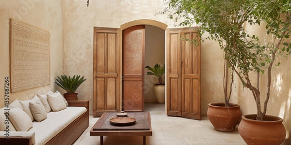Fototapeta Bohemian-Chic Riad: Handcrafted Wooden Doors, Cushioned Seating, and an Open Courtyard with Cascading Vines and Hanging Plants