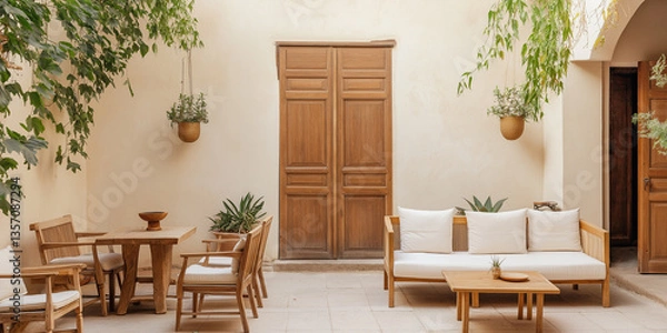 Fototapeta Bohemian-Chic Riad: Handcrafted Wooden Doors, Cushioned Seating, and an Open Courtyard with Cascading Vines and Hanging Plants