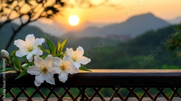 Obraz White flowers on railing, sunset over mountains.  Possible use  Nature, travel, serenity