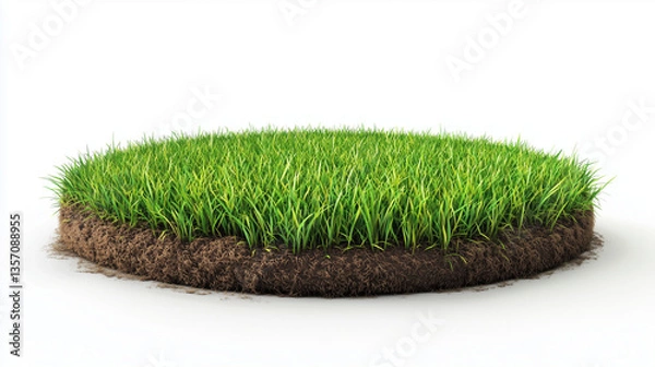 Obraz A detailed 3D-rendered slice of earth with lush green grass on top, shaped in a circle, perfect for garden or landscape concepts, isolated on white.