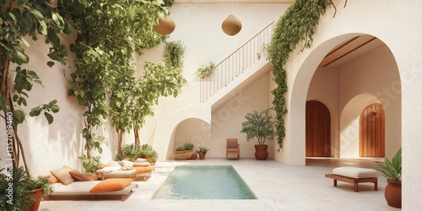 Fototapeta A Moroccan Riad: Mosaic Floors and Vibrant Ceramic Planters Filled with Lush Greenery in a Serene Courtyard