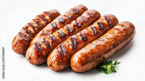 Fototapeta A collection of grilled bratwurst sausages, presented in a bundle and isolated on a transparent backdrop.