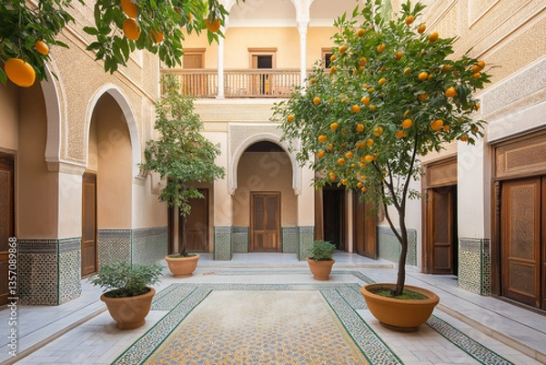 Fototapeta A Moroccan Riad: Mosaic Floors and Vibrant Ceramic Planters Filled with Lush Greenery in a Serene Courtyard