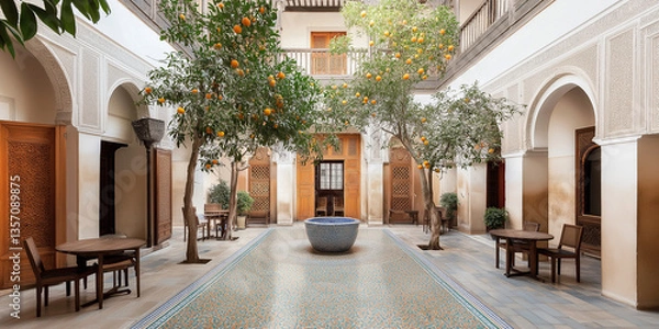 Fototapeta A Moroccan Riad: Mosaic Floors and Vibrant Ceramic Planters Filled with Lush Greenery in a Serene Courtyard