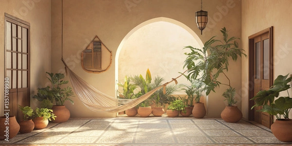 Fototapeta A Moroccan Riad: Mosaic Floors and Vibrant Ceramic Planters Filled with Lush Greenery in a Serene Courtyard