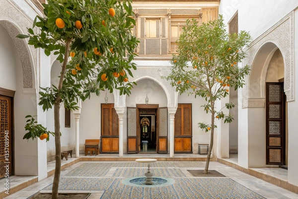 Fototapeta A Moroccan Riad: Mosaic Floors and Vibrant Ceramic Planters Filled with Lush Greenery in a Serene Courtyard