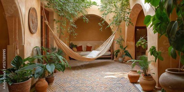 Fototapeta A Moroccan Riad: Mosaic Floors and Vibrant Ceramic Planters Filled with Lush Greenery in a Serene Courtyard