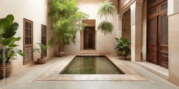 Fototapeta A Moroccan Riad: Mosaic Floors and Vibrant Ceramic Planters Filled with Lush Greenery in a Serene Courtyard