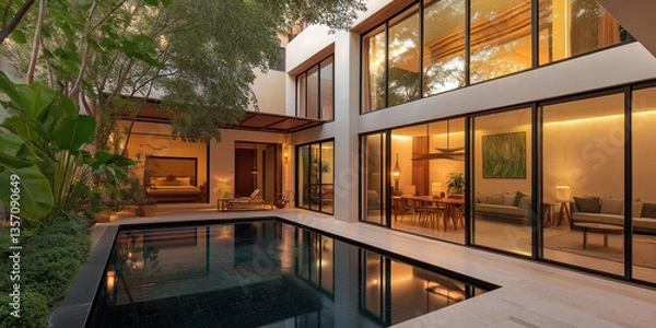 Fototapeta A Moroccan Riad: Mosaic Floors and Vibrant Ceramic Planters Filled with Lush Greenery in a Serene Courtyard