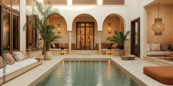 Fototapeta A Moroccan Riad: Mosaic Floors and Vibrant Ceramic Planters Filled with Lush Greenery in a Serene Courtyard