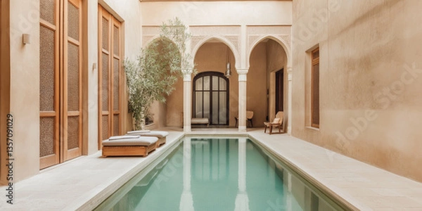 Fototapeta A Moroccan Riad: Mosaic Floors and Vibrant Ceramic Planters Filled with Lush Greenery in a Serene Courtyard
