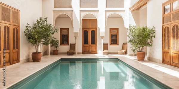 Fototapeta A Moroccan Riad: Mosaic Floors and Vibrant Ceramic Planters Filled with Lush Greenery in a Serene Courtyard