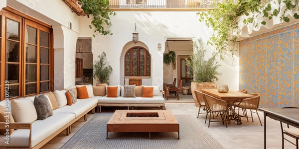 Fototapeta A Moroccan Riad: Mosaic Floors and Vibrant Ceramic Planters Filled with Lush Greenery in a Serene Courtyard