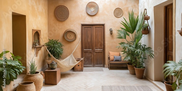 Fototapeta A tropical-inspired riad where the entire courtyard is transformed into a botanical retreat, with banana plants, palms