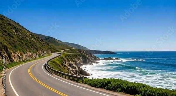 Fototapeta A curvy coastal road with waves crashing on rocky cliffs under a bright blue sky, AI Generated