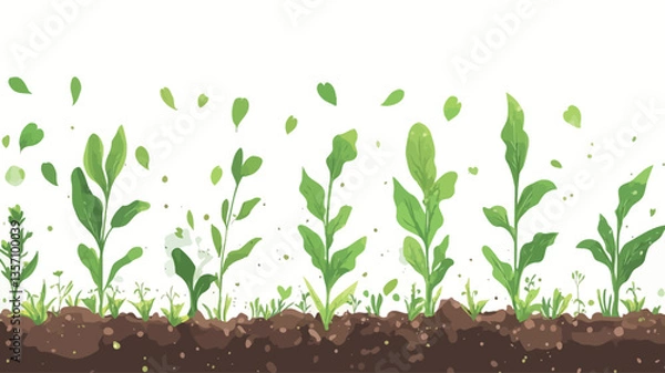Fototapeta Digital illustration depicting a row of several small green plants growing from dark brown soil against a white background.  Small green leaves are depicted falling or floating above the plants.