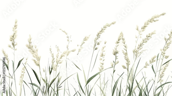 Fototapeta A digital illustration depicting a horizontal arrangement of various types of wild grasses. The grasses are rendered in shades of green and beige, with delicate details on the seed heads.  The