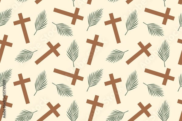 Fototapeta Easter, Holy Week seamless pattern with palm leaf and cross  - vector illustration