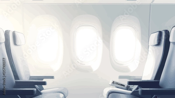 Fototapeta The image shows an interior view of an airplane cabin. Two empty passenger seats are positioned next to a window, which is brightly lit. The seats are modern and appear comfortable, upholstered in