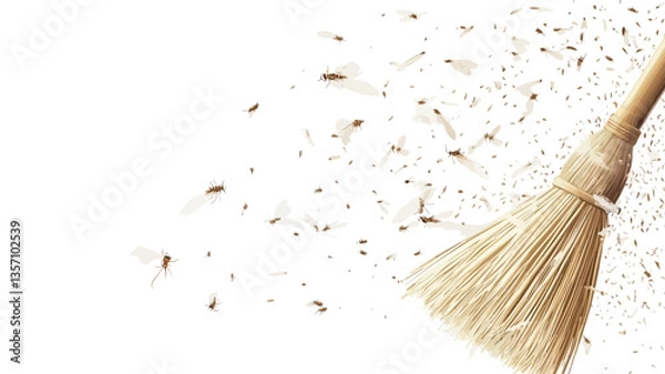 Fototapeta High-angle close-up shot of a light brown hand broom sweeping small particles of dust and debris across a white surface. The broom is in sharp focus, with the scattered dust slightly out of focus,
